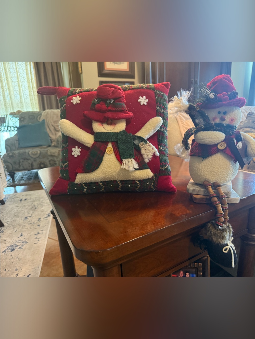 Festive Red Snowman Throw Pillow Cover with Plaid Accents